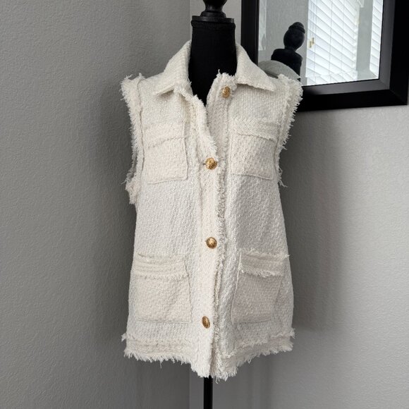 ZARA Structured Tweed Ivory Cream Frayed Button Vest XS - Picture 6 of 15